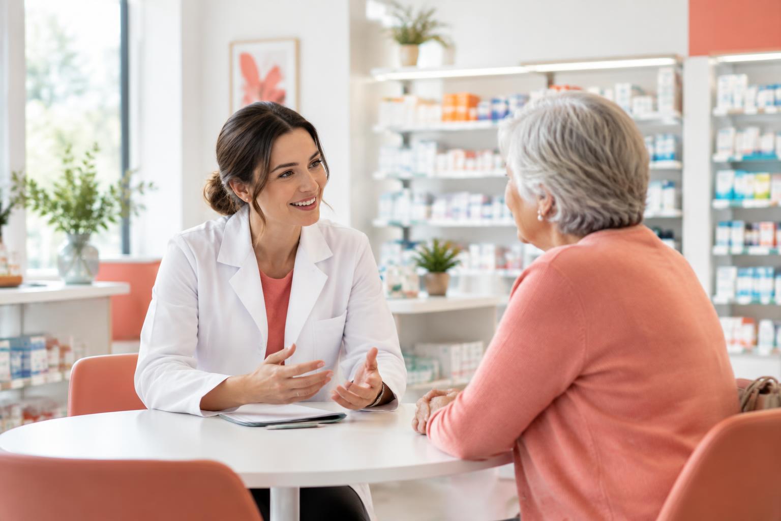 A pharmacist consulting with a patient in a modern pharmacy