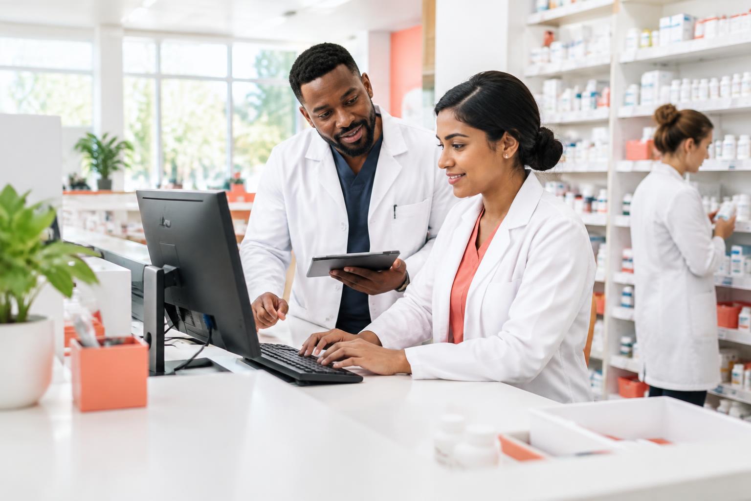 A pharmacy team working together with connected technology